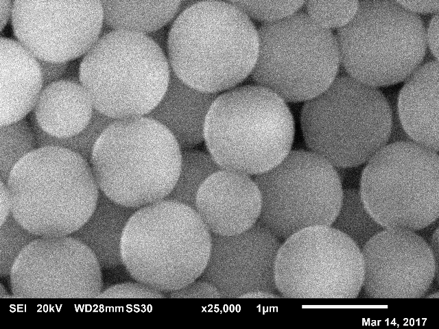 Scanning electron micrograph of polystyrene colloidal particles.